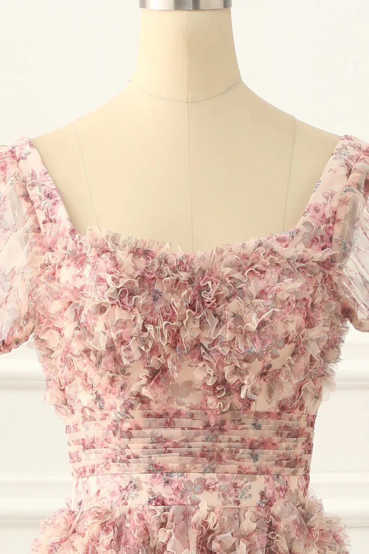 Pink A-line Tulle Pleated Floral Long Prom Dress Adult Ceremony Graduation Prom Dress ED01533