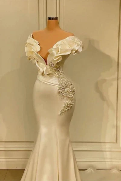 Classic White Mermaid V-neck Satin Pearl Ruffle Long Prom Dress Elegant Evening Dress ED01538