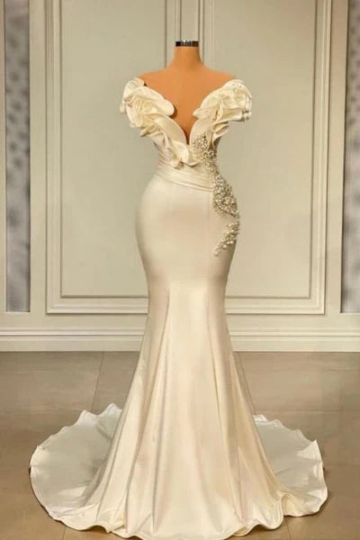 Classic White Mermaid V-neck Satin Pearl Ruffle Long Prom Dress Elegant Evening Dress ED01538