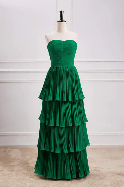 Hunter Green A-line Chiffon Strapless Layers Long Prom Dress Formal Evening Dress ED01540