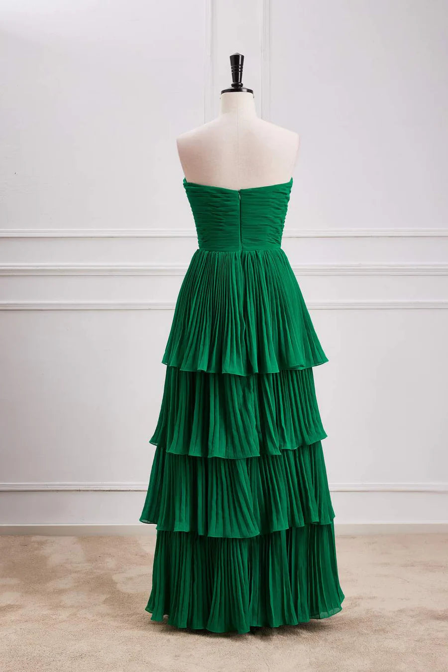Hunter Green A-line Chiffon Strapless Layers Long Prom Dress Formal Evening Dress ED01540