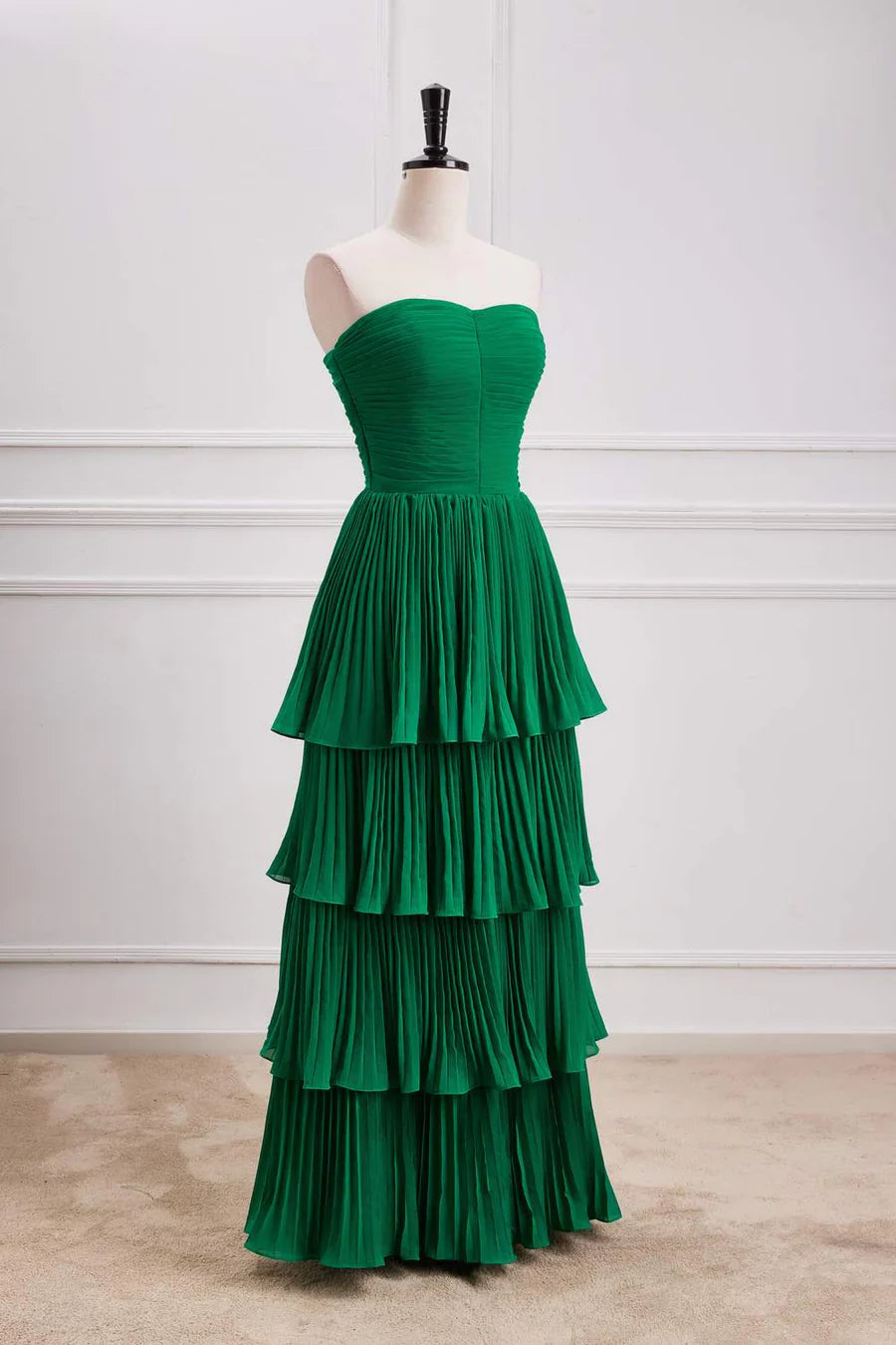 Hunter Green A-line Chiffon Strapless Layers Long Prom Dress Formal Evening Dress ED01540