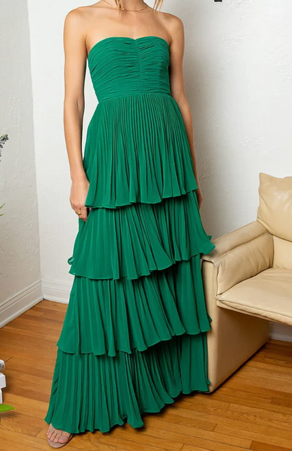 Hunter Green A-line Chiffon Strapless Layers Long Prom Dress Formal Evening Dress ED01540