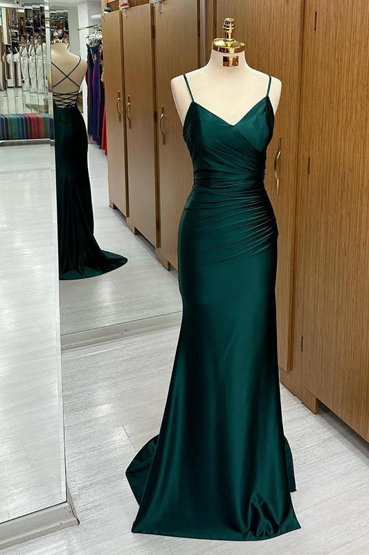 Elegant Dark Green Mermaid Spaghetti Strap Satin Long Prom Dress ED01542