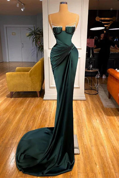 Dark Green Mermaid Spaghetti-Straps Satin Long Prom Dress With Beadings ED01544