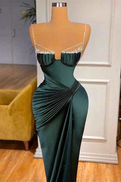 Dark Green Mermaid Spaghetti-Straps Satin Long Prom Dress With Beadings ED01544