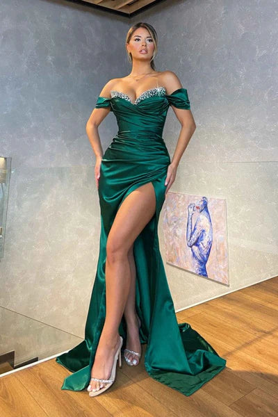 Dark Green  Mermaid Off-the-shoulder Sparkle Beaded Long Prom Dress with Slit ED01546