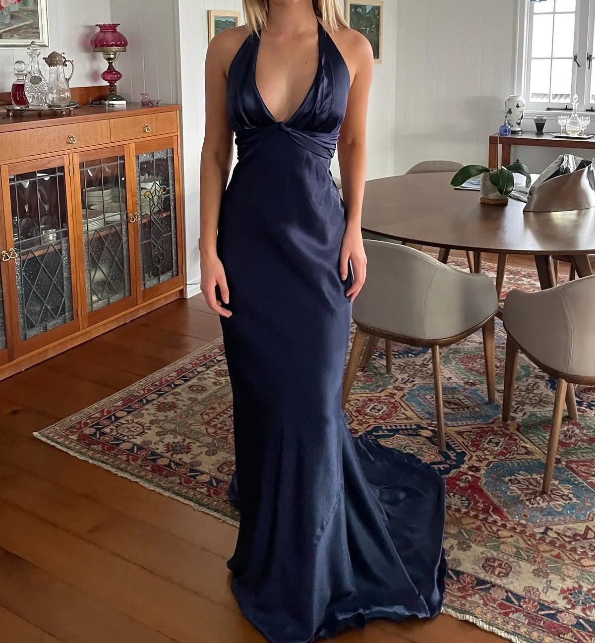 Simple Yellow 💛A-Line Long Prom Dress for Party&Birthday-V Neck Satin Beautiful Backless Formal Evening Dress ED01548