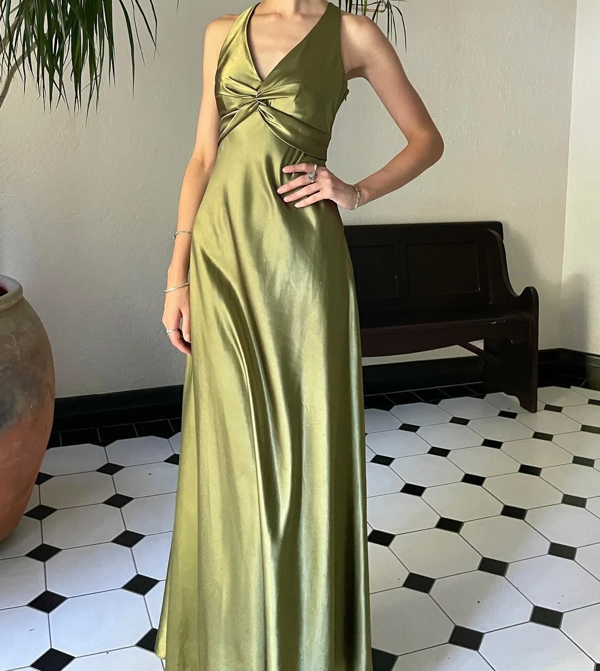 Simple Yellow 💛A-Line Long Prom Dress for Party&Birthday-V Neck Satin Beautiful Backless Formal Evening Dress ED01548