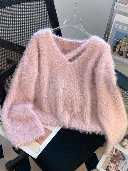 Chic V-neck base sweater, soft and glutinous imitation mink fleece sweater ED0154