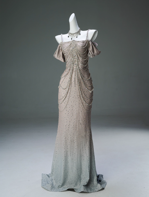 Spaghetti Straps Mermaid Beading Satin Long Prom Dress Rhinestone Formal Evening Dress ED01550