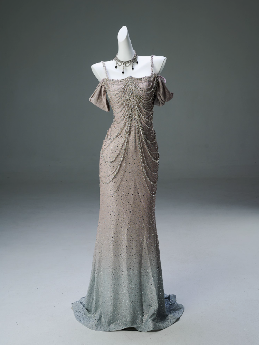 Spaghetti Straps Mermaid Beading Satin Long Prom Dress Rhinestone Formal Evening Dress ED01550