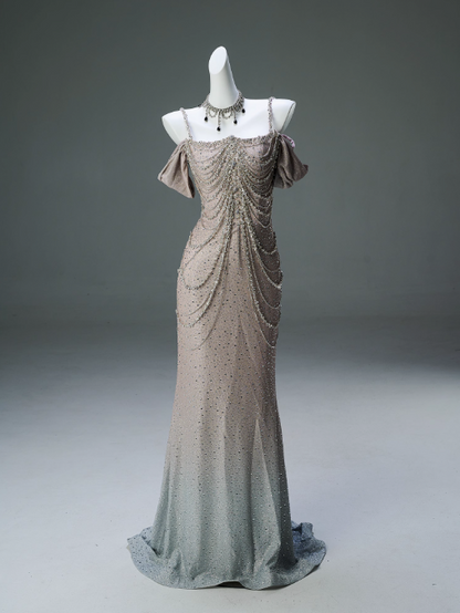 Spaghetti Straps Mermaid Beading Satin Long Prom Dress Rhinestone Formal Evening Dress ED01550