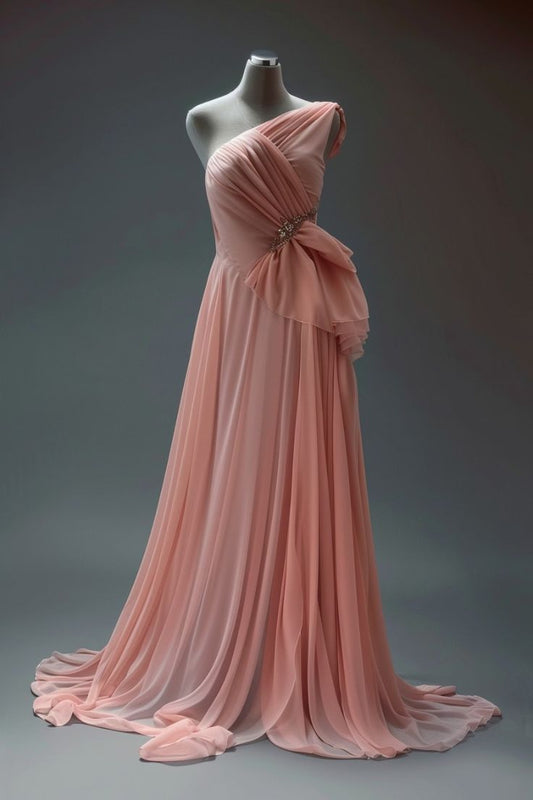 Peach A-line One Shoulder Chiffon Long Prom Dress Simple Bridal Dress ED01552