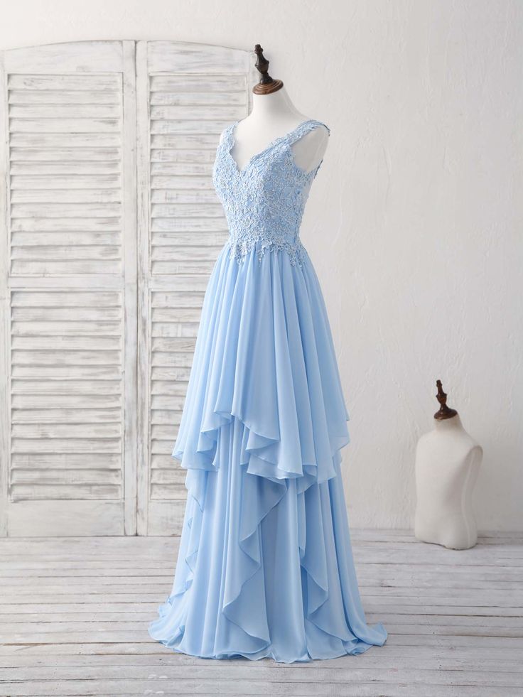 Sky Blue A-line V Neck Applique Chiffon Long Prom Dress Lace Spaghetti Strap Bridesmaid Dress ED01553