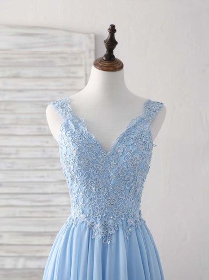 Sky Blue A-line V Neck Applique Chiffon Long Prom Dress Lace Spaghetti Strap Bridesmaid Dress ED01553