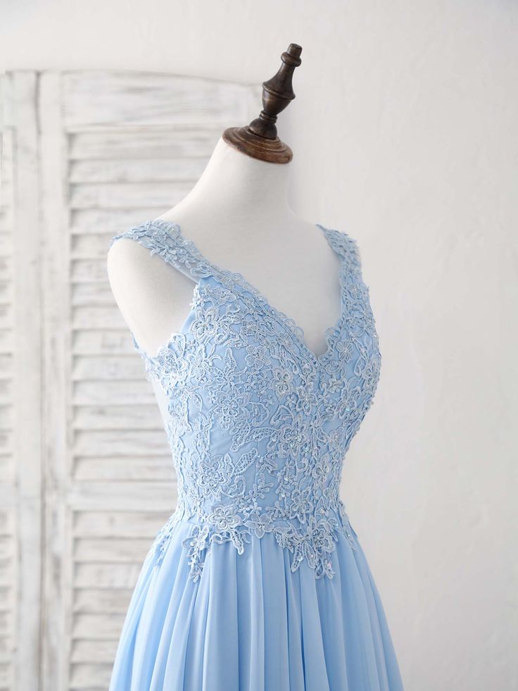 Sky Blue A-line V Neck Applique Chiffon Long Prom Dress Lace Spaghetti Strap Bridesmaid Dress ED01553
