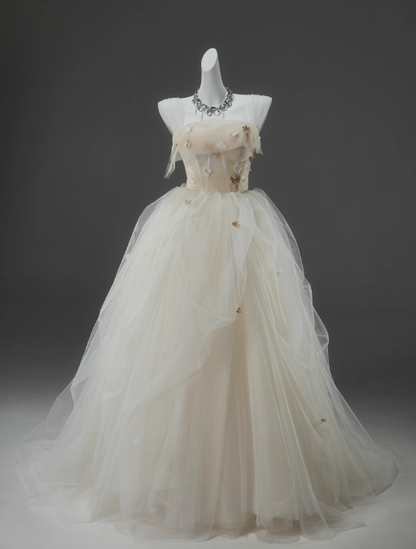 Off-White A-line Straps Tulle Long Prom Dress Simple Applique Wedding Dress ED01556