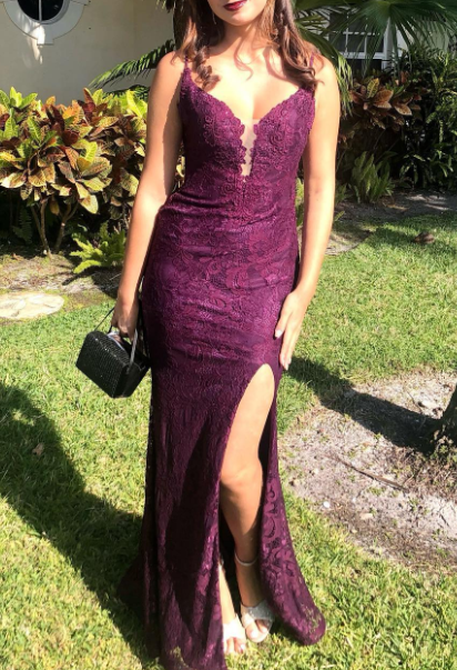 Elegant  Mermaid Formal Dresses Under $170💜 Charming Grape Spaghetti Straps Applique Long Backless Prom Dress With Slit  ED01559