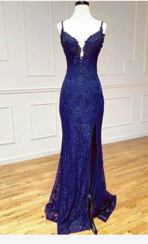 Elegant  Mermaid Formal Dresses Under $170💜 Charming Grape Spaghetti Straps Applique Long Backless Prom Dress With Slit  ED01559