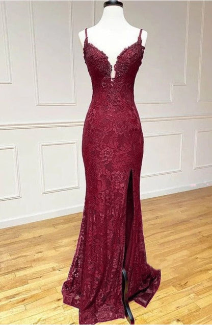 Elegant  Mermaid Formal Dresses Under $170💜 Charming Grape Spaghetti Straps Applique Long Backless Prom Dress With Slit  ED01559