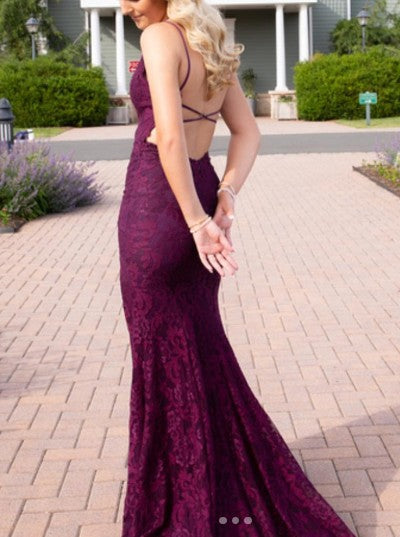 Elegant  Mermaid Formal Dresses Under $170💜 Charming Grape Spaghetti Straps Applique Long Backless Prom Dress With Slit  ED01559