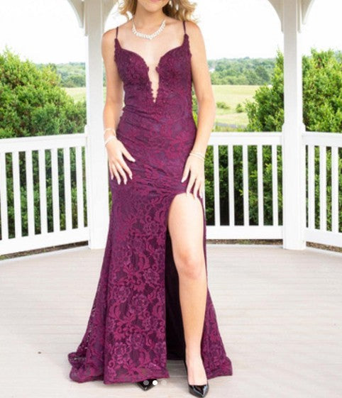 Elegant  Mermaid Formal Dresses Under $170💜 Charming Grape Spaghetti Straps Applique Long Backless Prom Dress With Slit  ED01559