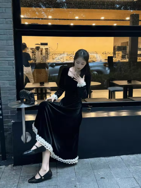 French classic retro square neck waist heavy black dress ED0155