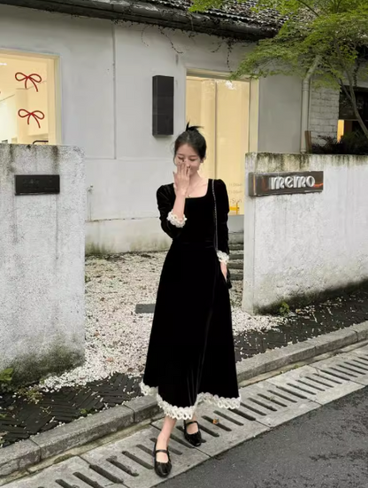 French classic retro square neck waist heavy black dress ED0155