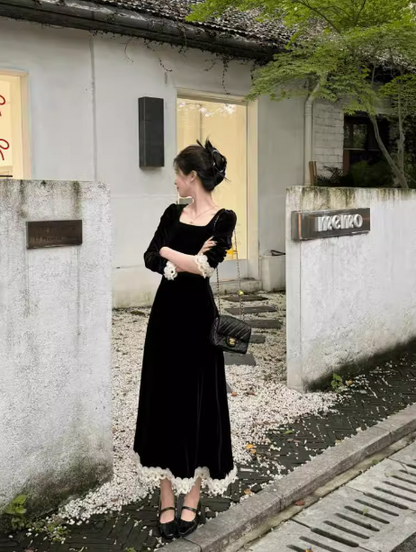 French classic retro square neck waist heavy black dress ED0155