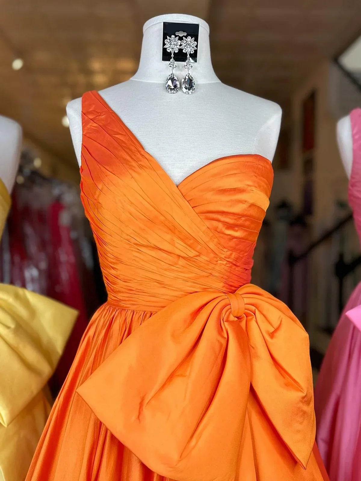 A-line one shoulder satin long prom dress with bow ED01562