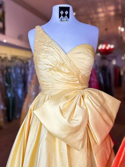 A-line one shoulder satin long prom dress with bow ED01562