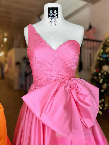 A-line one shoulder satin long prom dress with bow ED01562