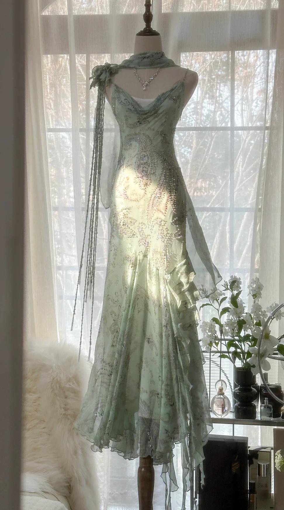 💕 Fairytale Pink Spaghetti Straps Mermaid Evening Gowns Vintage Elegant Beaded Silk Long Prom Dress Wedding Guest Outfits ED01724