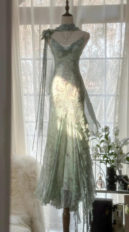 💕 Fairytale Pink Spaghetti Straps Mermaid Evening Gowns Vintage Elegant Beaded Silk Long Prom Dress Wedding Guest Outfits ED01724