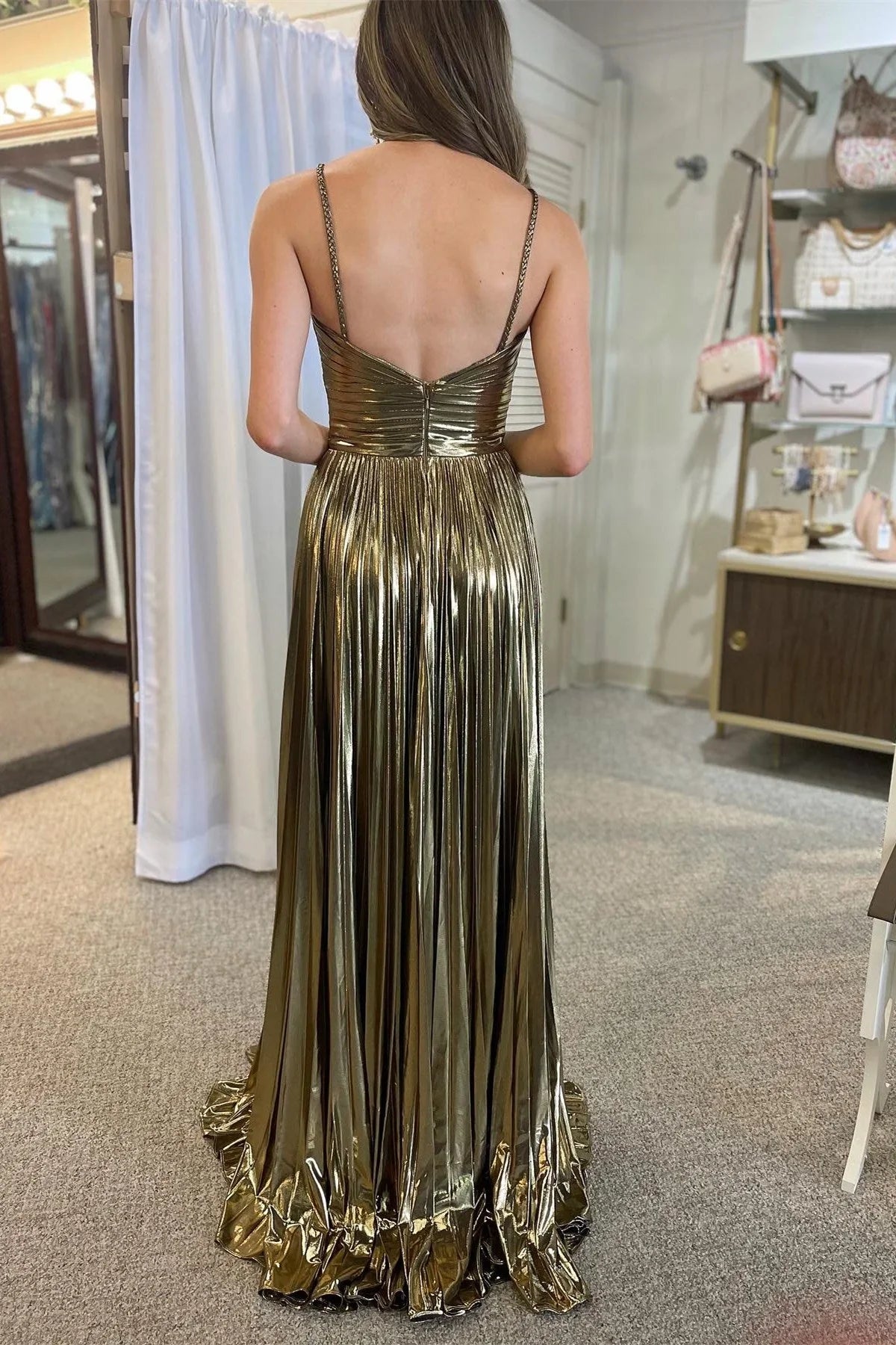 Metallic A-line Spaghetti Strap Long Prom Dress with Slit ED01567