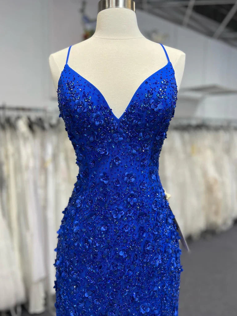 Mermaid V Neck Royal Blue Beade Applique Tulle Long Prom Dress, Evening Dress ED01568