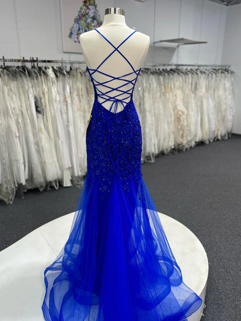 Mermaid V Neck Royal Blue Beade Applique Tulle Long Prom Dress, Evening Dress ED01568
