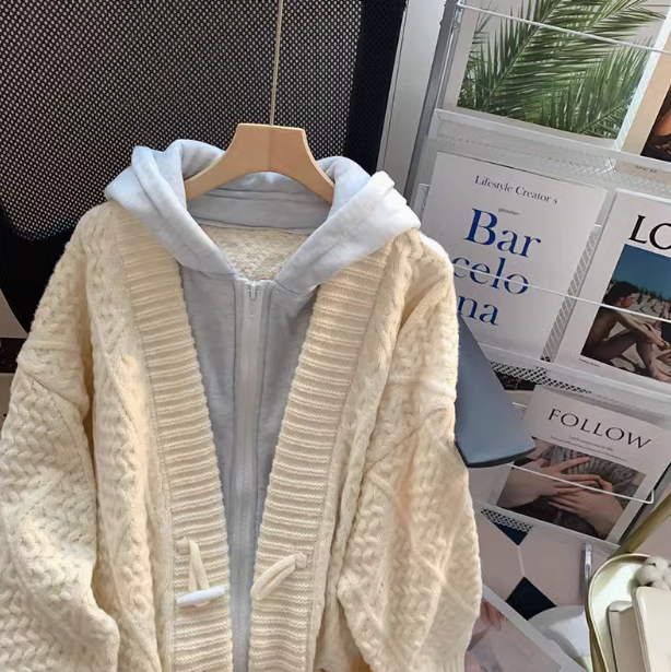 Fake two-piece hooded sweater jacket loose lazy style mid-length knitted cardigan ED0156