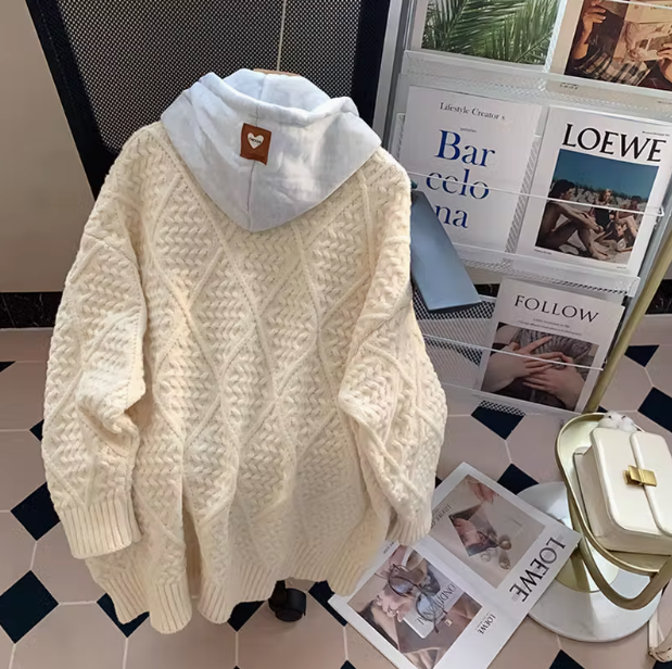 Fake two-piece hooded sweater jacket loose lazy style mid-length knitted cardigan ED0156