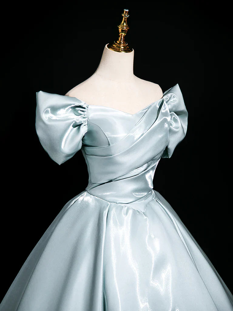 A-Line V Neck Satin Blue Long Prom Dress, Blue Long Formal Dress ED01572