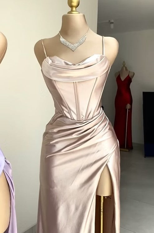 Dark Green Mermaid Satin Spaghetti Straps  Long Prom Dress With Split ED01573