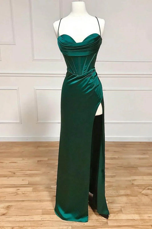 Dark Green Mermaid Satin Spaghetti Straps  Long Prom Dress With Split ED01573