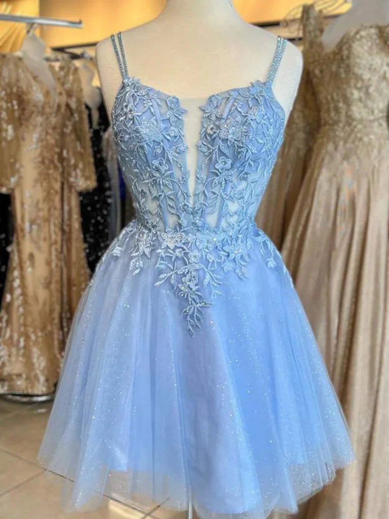 A-Line Blue Spaghetti Strap Tulle Beaded Short Prom Dress, Cute Applique Homecoming Dress  ED01580