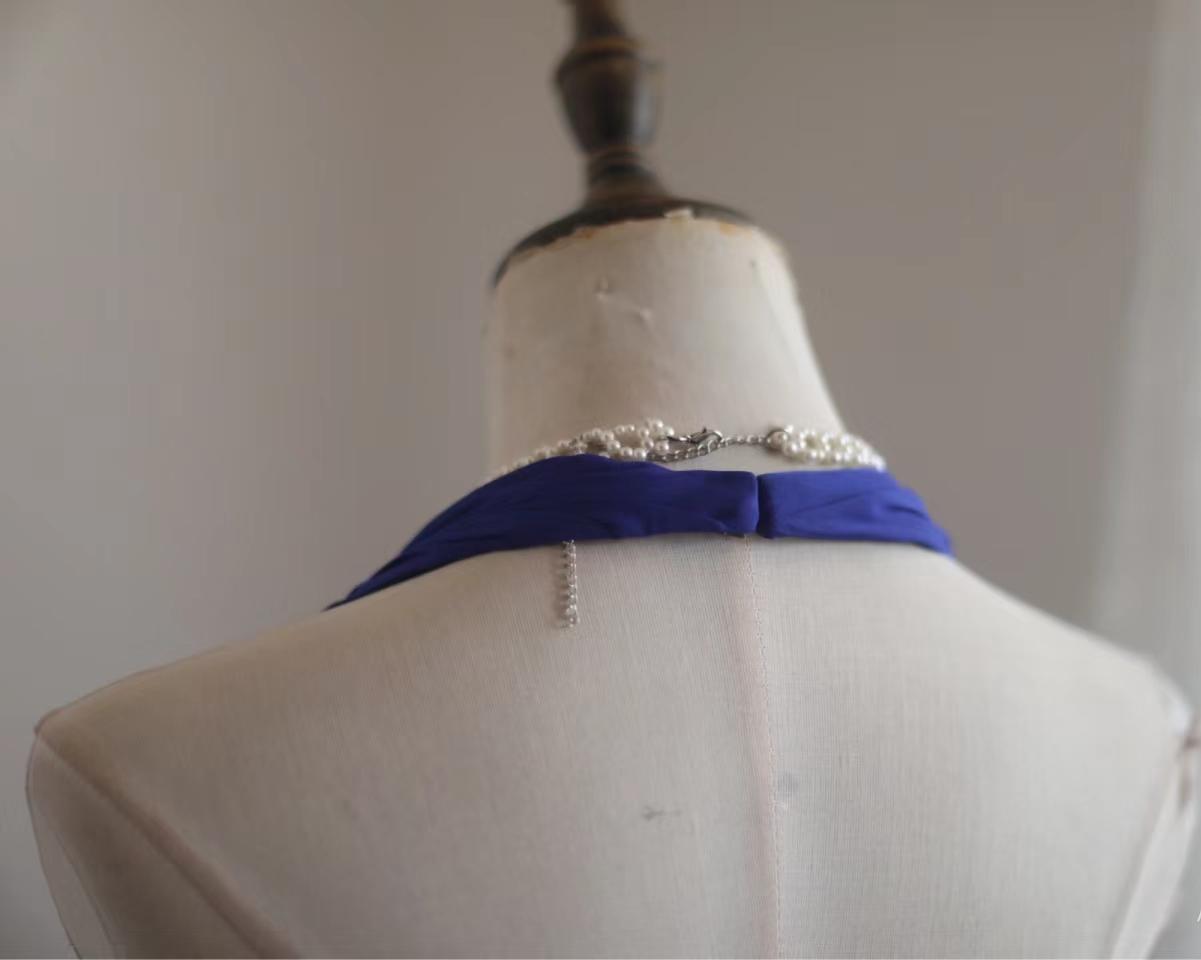 Royal Blue A-Line Halter Chiffon Satin Long Prom Dress V-neck Beaded Birthday Party Dress  ED01581