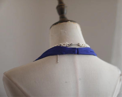 Royal Blue A-Line Halter Chiffon Satin Long Prom Dress V-neck Beaded Birthday Party Dress  ED01581