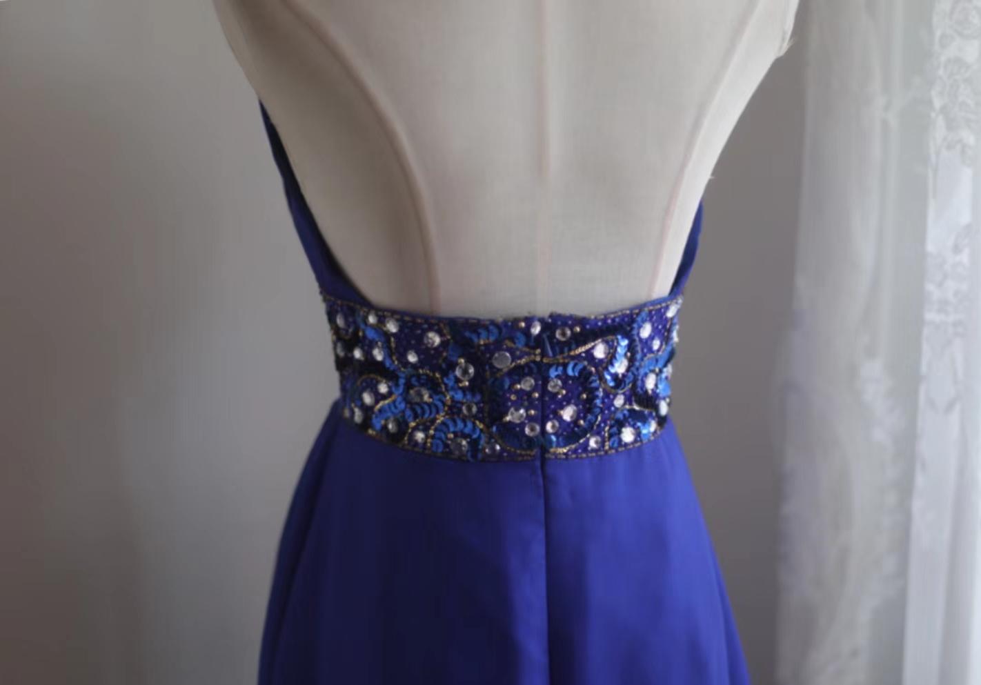 Royal Blue A-Line Halter Chiffon Satin Long Prom Dress V-neck Beaded Birthday Party Dress  ED01581