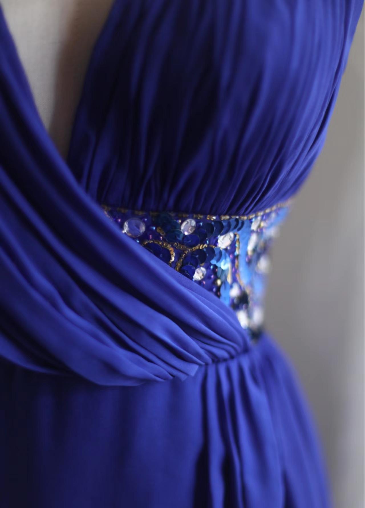 Royal Blue A-Line Halter Chiffon Satin Long Prom Dress V-neck Beaded Birthday Party Dress  ED01581