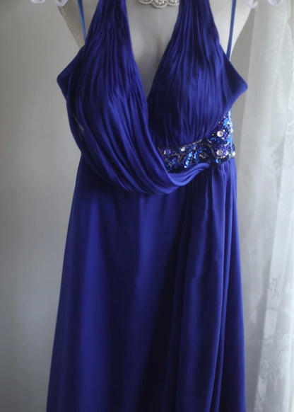 Royal Blue A-Line Halter Chiffon Satin Long Prom Dress V-neck Beaded Birthday Party Dress  ED01581