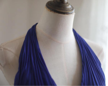 Royal Blue A-Line Halter Chiffon Satin Long Prom Dress V-neck Beaded Birthday Party Dress  ED01581